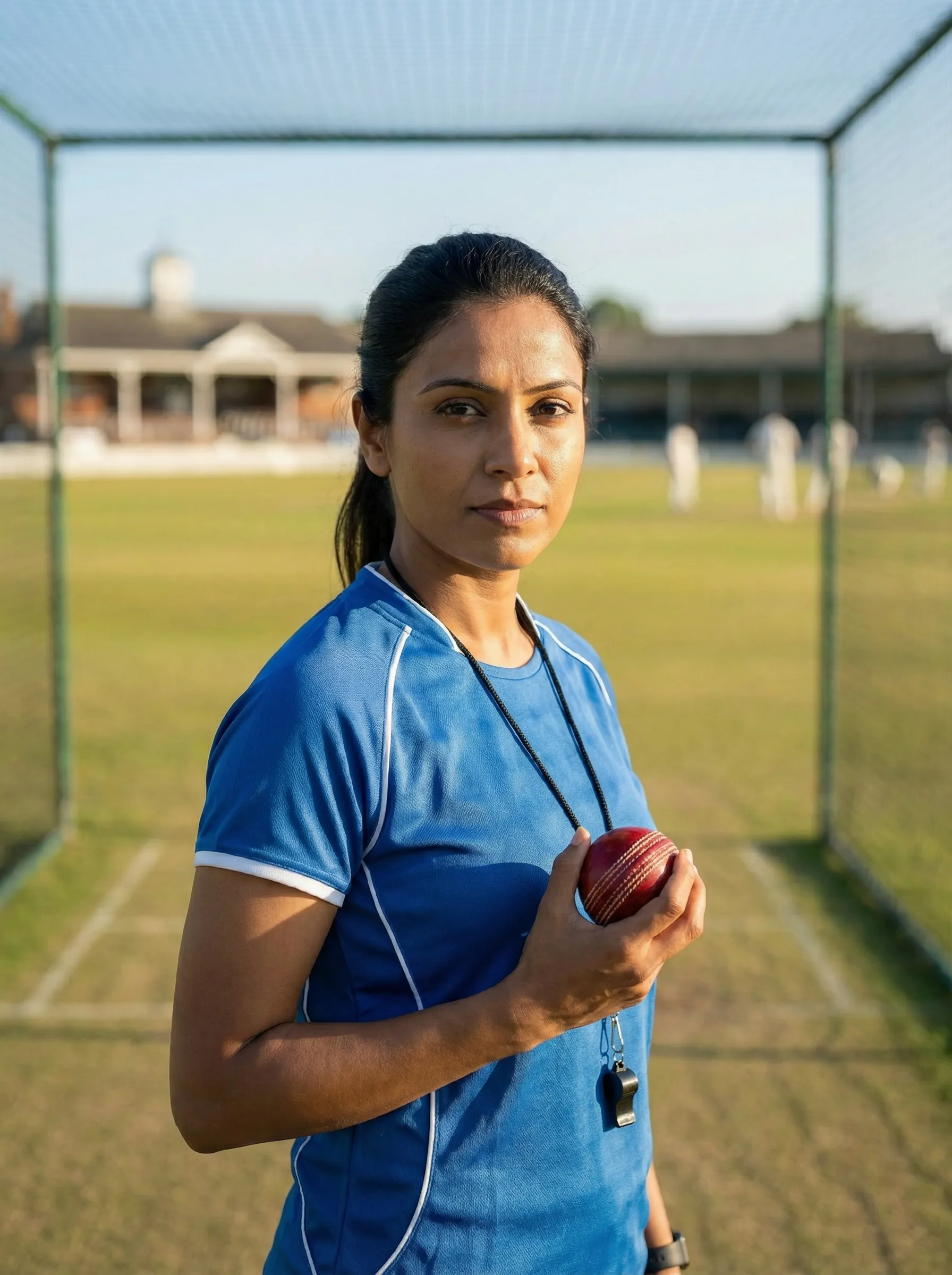 Coach holding a cricket ball on the practice strip