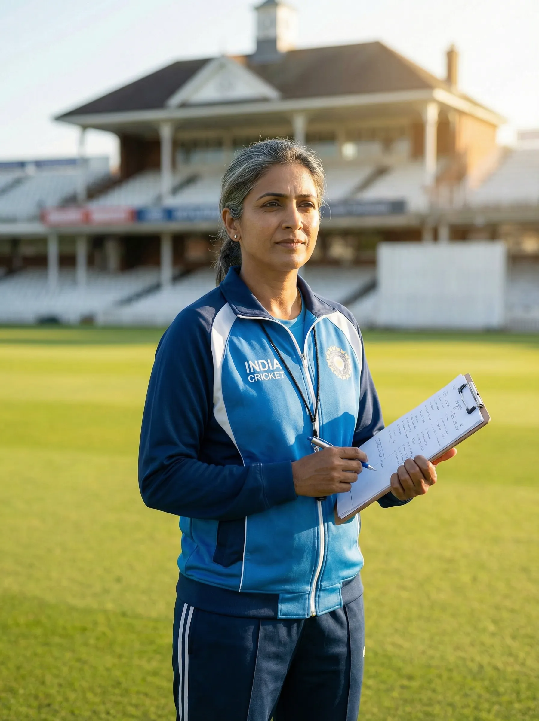 Coach standing on the cricket ground with a clipboard
