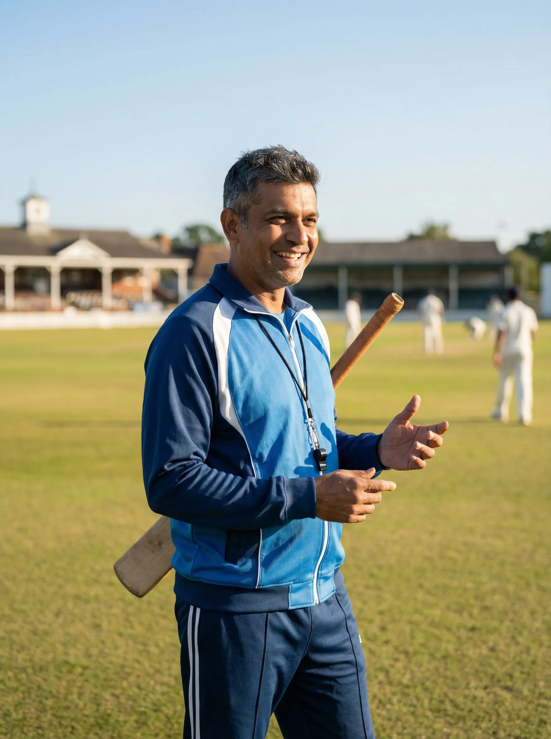 Cricket coach smiling with a bat on the field
